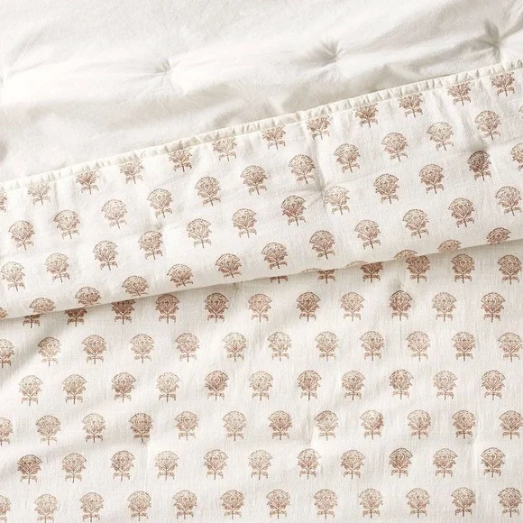 Full/Queen Lofty Cotton Slub Woodblock Print Floral Quilt Threshold Studio McGee - Picture 4 of 9